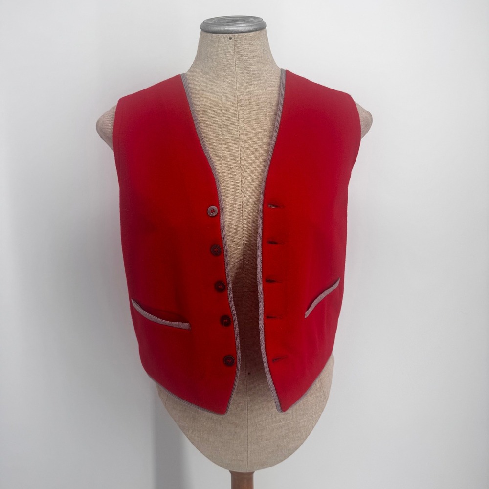 Deauville Wool Vest Mens M Red Vintage Knit Back Waistcoat Contrast Trim Retro